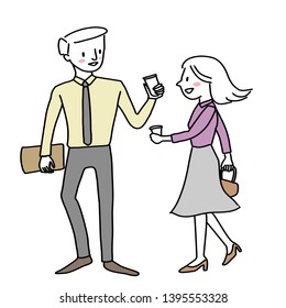 Happy couple walking and talking to each other. Businessman and woman with disposable cup in hand walking and talking to each other cheerfully. Office workers walking with coffee.
