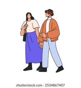 Feliz casal caminhando juntos. Homem, mulher passeando na rua, conversando e sorrindo ao ar livre. Personagens modernos, amigos indo, estilo de vida urbano. Ilustração de vetor plano isolada no plano de fundo branco