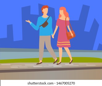 Happy couple walking together on background of skyscrapers, vector lovers on walk. Man and woman holding hands spend time together, cartoon style people. Flat cartoon