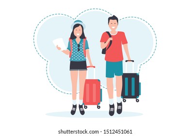 Happy couple walking together while travelling vector illustration