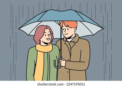 Happy couple walking under umbrella in rain. Smiling man and woman enjoy date outdoors in rainy weather. Relationships concept. Vector illustration. 