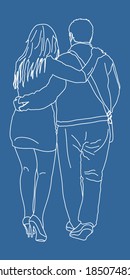 Happy couple walking, vector isolated on blue background. Cartoon illustration. 