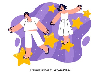 Happy couple walks on stars in space, for concept of fantasies and dreams about traveling through galaxy. People in love in white clothes walk together in starry sky or space exploring universe