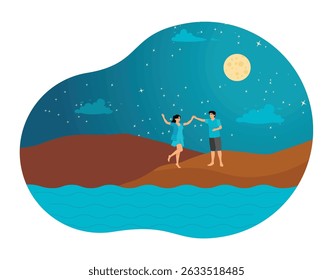 A happy couple walks together enjoying the beautiful beach view on the shore, under the starry night sky. Couples walking together concept.