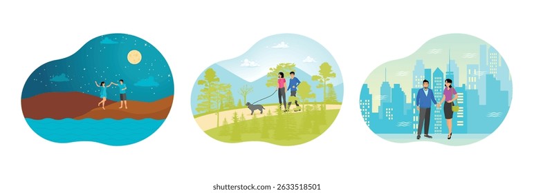 A happy couple walks together enjoying the beautiful beach view. A man and woman walk their dog on a trail. A couple holding hands in a serene urban environment. Couples walking together concept.