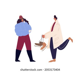 Happy Couple in Warm Winter Clothes.Man hold skates, offer Woman to go to ice rink.Holiday People and Winter Fun.Aduld Young Characters on Dating.Flat Vector Illustration Isolated on White Background