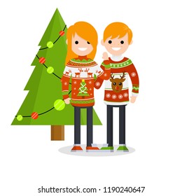 Happy couple in warm winter sweaters. The family celebrates new year and Christmas. Youth and Christmas tree with garland, lights
