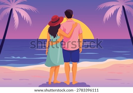 Happy couple watching beautiful beach sunset together