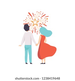Happy couple watching explosion of colourful salutes in the sky, people celebrating holiday with fireworks vector Illustration on a white background