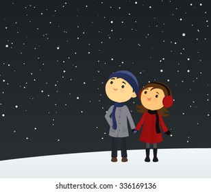 Happy couple watching the snow