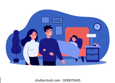 Happy couple watching their son sleeping. Bed, night, boy flat vector illustration. Family and happiness concept for banner, website design or landing web page