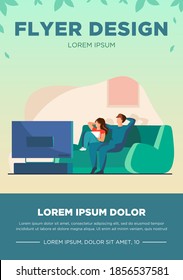 Happy couple watching TV together. Relaxation, sofa, movie flat vector illustration. Family and entertainment concept for banner, website design or landing web page