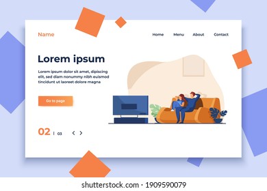 Happy couple watching TV together. Relaxation, sofa, movie flat vector illustration. Family and entertainment concept for banner, website design or landing web page