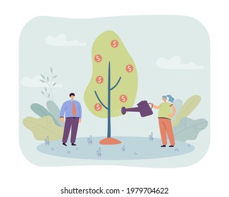 Happy couple watering money tree. Flat vector illustration. Woman holding waterpot, man standing near tree with currency symbols. Profit, wealth, financial wellbeing, money concept for banner design