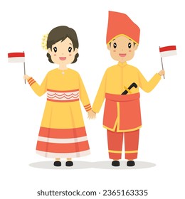 Happy couple wearing Central Sulawesi traditional dress and holding an Indonesian flag. Central Sulawesi, Indonesia traditional dress cartoon vector.