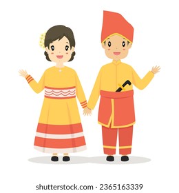 Happy couple wearing Central Sulawesi traditional dress waving hands, greeting hand gesture. Central Sulawesi, Indonesia traditional dress cartoon vector.