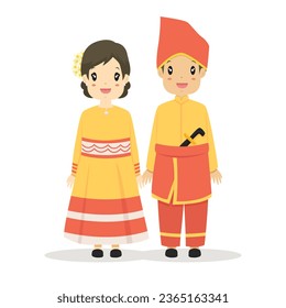 Una pareja feliz con un vestido tradicional de Central Sulawesi. Célebes central, vector tradicional de dibujos animados de vestimenta de Indonesia.