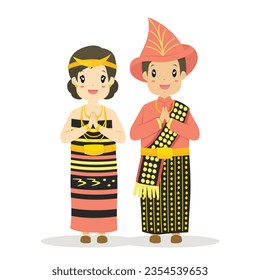 Happy couple wearing East Nusa Tenggara traditional dress with greeting, welcome hand gesture. Nusa Tenggara Timur, Indonesia traditional dress cartoon vector.