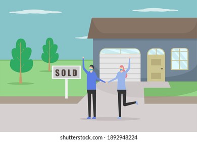 Happy couple wearing face mask and holding hands together in front of sold house. Real estate vector concept