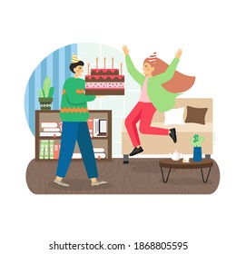 Happy couple wearing festive hats celebrating girl birthday party together at home, flat vector illustration. Man giving birthday cake to his girlfriend. Husband surprising his wife with holiday cake.