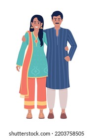 Happy Couple Wearing Indian Ethnic Attires Semi Flat Color Vector Characters. Editable Figures. Full Body People On White. Simple Cartoon Style Illustration For Web Graphic Design And Animation