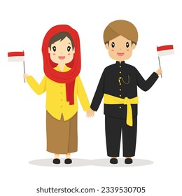 Happy couple wearing Jakarta, Betawi traditional dress and holding an Indonesian flag. Indonesia traditional dress cartoon vector.