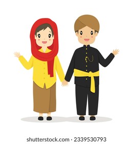 Feliz pareja usando Yakarta, vestido tradicional Betawi ondeando las manos, gesto de bienvenida con la mano. Vector tradicional de dibujos animados de Indonesia.