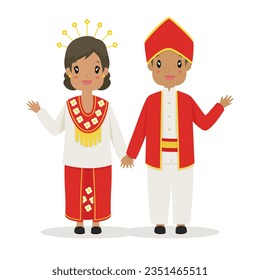 Happy couple wearing Maluku traditional dress waving hands, greeting hand gesture. Indonesia traditional dress cartoon vector.