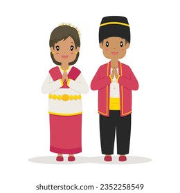 Feliz pareja usando vestido tradicional de Maluku del Norte con saludo, gesto de bienvenida a mano. Vector tradicional de dibujos animados de Indonesia.