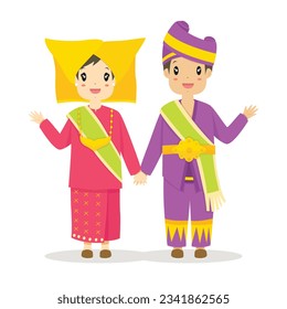 Happy couple wearing Padang, West Sumatra traditional dress waving hands, greeting hand gesture. Indonesia traditional dress cartoon vector.