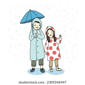 Happy couple wearing raincoats walking in rain under umbrella, hand drawn style vector
