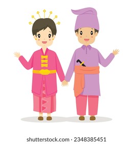 Una pareja feliz con un vestido tradicional de Riau saludando con la mano el gesto de la mano. Vector tradicional de dibujos animados de Indonesia.