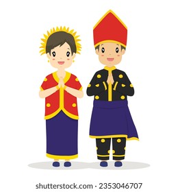 Una pareja feliz usando el vestido tradicional de Nusa Tenggara Occidental con saludo, gesto de bienvenida con la mano. Vector tradicional de dibujos animados de Indonesia.