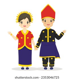 Happy couple wearing West Nusa Tenggara traditional dress waving hands, greeting hand gesture. Indonesia traditional dress cartoon vector.
