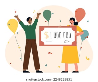 Happy couple winner lottery. Man and woman with check for million dollars. Games for luck and luck, young and happy family. Advertising poster or banner for website. Cartoon flat vector illustration