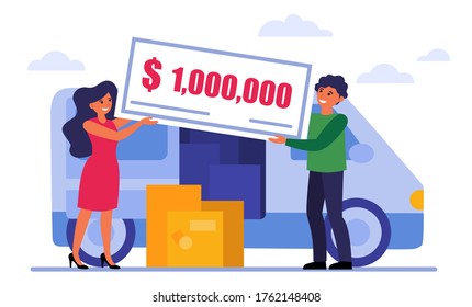 Happy couple winning money prize. Moving truck, cardboard box, award flat vector illustration. Delivery, moving house concept for banner, website design or landing web page