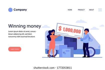 Happy couple winning money prize. Moving truck, cardboard box, award flat vector illustration. Delivery, moving house concept for banner, website design or landing web page
