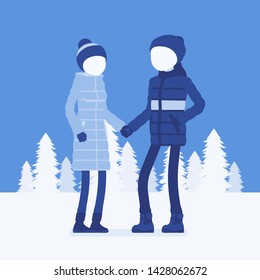 Happy couple in winter clothes. Man, woman wearing warm outfit for coldest season, city fashion trends, dressing up to enjoy outdoor walks. Vector illustration with faceless characters, full length