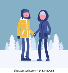 Happy couple in winter clothes. Man, woman wearing warm outfit for coldest season, city fashion trends, dressing up to enjoy outdoor walks. Vector illustration with faceless characters, full length