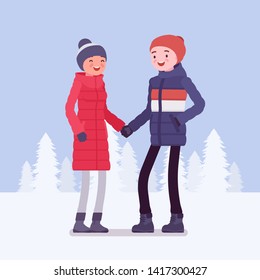 Happy couple in winter clothes. Young man and woman wearing warm outfit for coldest season, city fashion trends, dressing up to enjoy outdoor walks together, white snow scenery. Vector illustration