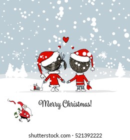 Happy couple in winter forest. Christmas card. Vector illustration