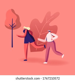 Happy Couple of Women Characters in Sports Wear and Smart Shoes Running Marathon on Nature Background. Summertime Outdoor Sport Activity. Jogging Sport Lifestyle. Cartoon People Vector Illustration