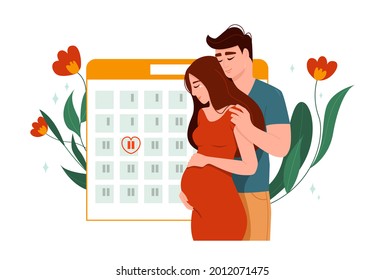 Happy couple of young future parents in waiting of the birth of a child with a calendar. Pregnant woman. Cartoon Characters. Date of birth. Pregnancy calendar concept.