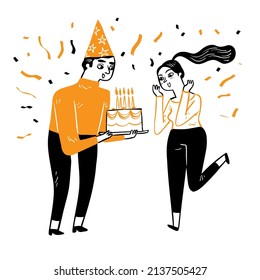 Feliz pareja el joven dándole el pastel de cumpleaños a su novia. Estilo de doodle de ilustración de vector dibujado a mano.