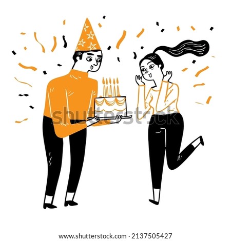 Happy couple the young man giving the cake of birthday his girlfriend. Hand drawn vector illustration doodle style.