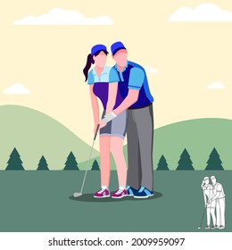 happy couple, Young Man teaching his girl friend playing golf with golf clubs on green grass, cartoon, silhouettes, bundle vector illustration. character in different position.