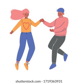 Happy Couple, Young Man and Woman Happily Jumping Holding Hands Vector Illustration
