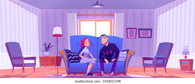 Happy couple, young man and woman sit together on couch in living room. Family relax at home. Vector cartoon illustration of wife and husband on blue sofa in vintage lounge interior