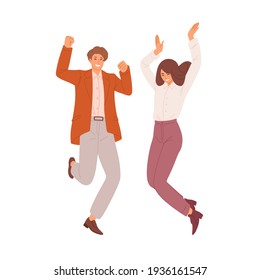 Happy couple of young man and woman dancing and jumping from joy. People celebrating success. Successful students or office workers. Colored flat vector illustration isolated on white background