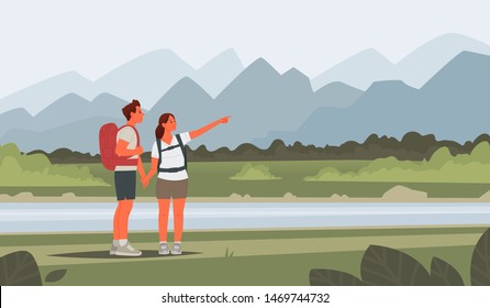 Happy couple of young people go hiking. Man and woman with backpacks on a background of mountainous landscape. Travelers. Vector illustration in a flat style